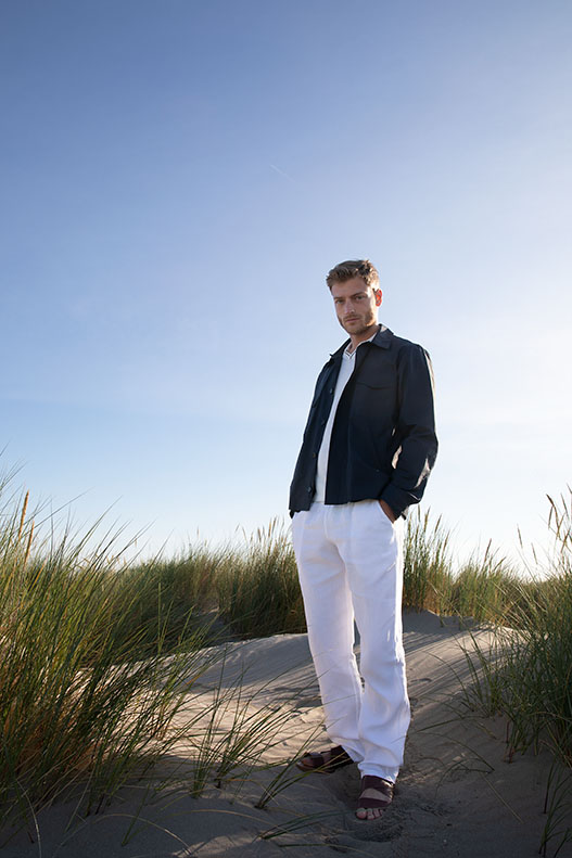 Van Laack Fashion Campaign with Adrien Jacques showcasing the latest summer collection in Scheveningen, captured by fashion photographer Antonio Barros