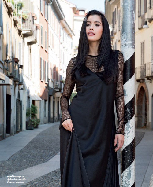 Praya Lundberg at the Via Madonnina in Milan, wearing a black Max Mara dress for Marie Claire by Antonio de Moraes Barros Filho fashion photographer
