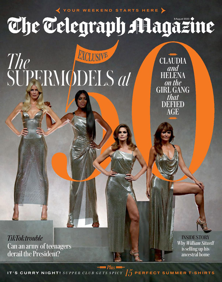 Cover of The Telegraph Magazine with Claudia_Schiffer, Naomi Campbell, Cindy Crawford and Helena Christensen. The Supermodels at 50. Photo by Antonio Barros